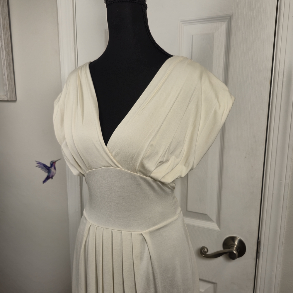 ​H&M Ivory Pleated Deep V-Neck Wrap Effect Midi Bridal Party Holiday Dress US 8 - Picture 3 of 8